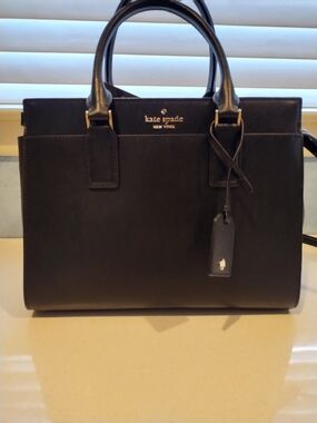 kate spade black leather tote with gold hardware